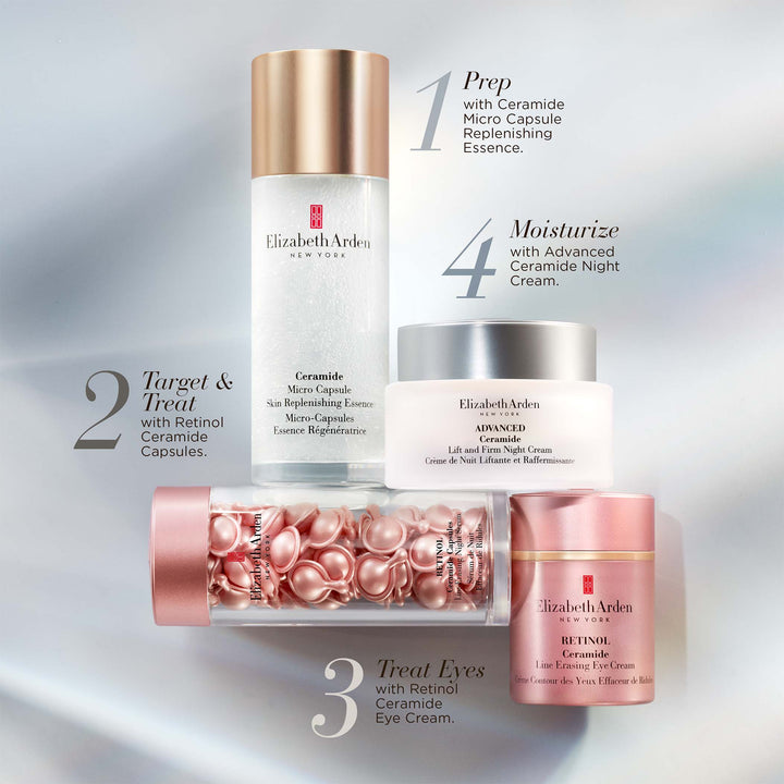 1Prep with ceramide micro capsule essence. 2- Target and treat with Retinol Ceramide capsules. 3-Treat Eyes with Retinol Ceramide Eye cream. 4-Moisturize with Advanced Ceramide Night Cream.